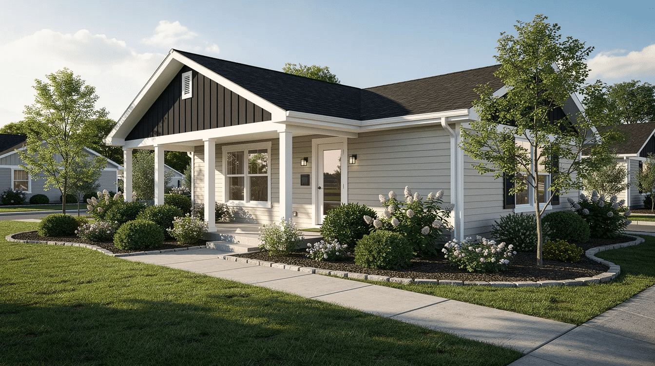 74a60a42-ad4b-402a-b849-36961b981414 - Ranch Style Homes USA The image depicts a single-story ranch style home featuring a two-tone exterior paint scheme with light siding and dark gables, complemented by white trim. Mature landscaping enhances the home's curb appeal, showcasing a harmonious blend of colors and textures.