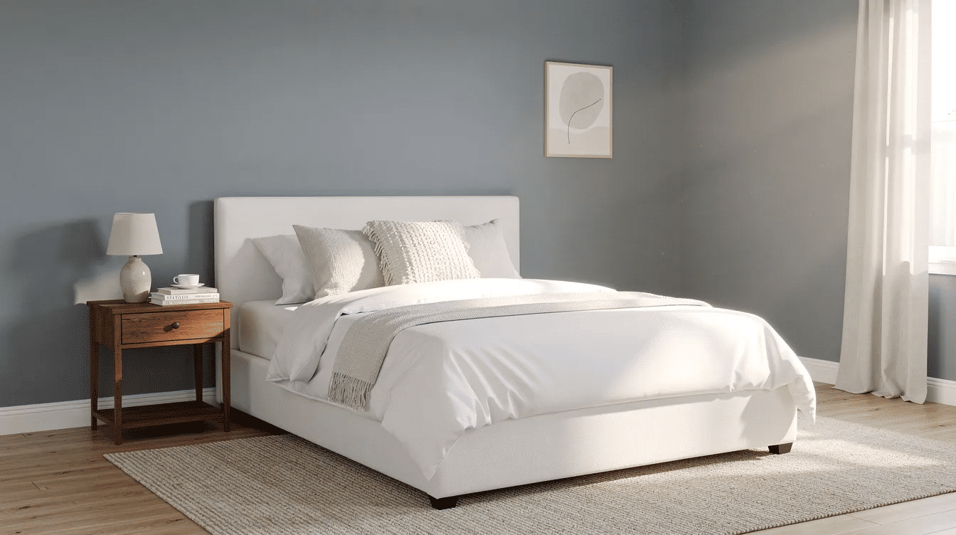 78b91aa2-99c0-4b3e-bde9-5fdd231a6e03 - Ranch Style Homes USA This image features a ranch bedroom with muted blue-gray walls, complemented by white bedding and a wood nightstand, all illuminated by soft natural light. The color scheme creates a serene atmosphere, showcasing a classic ranch style home that emphasizes comfort and tranquility.