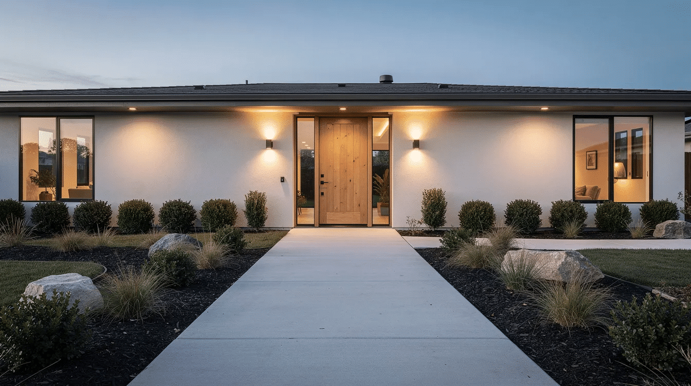 827fdb88-6242-4168-a698-e62cbf0e4afd - Ranch Style Homes USA The image showcases a modern ranch home entry featuring a stylish wood front door surrounded by low shrubs and a wide walkway, all beautifully illuminated by evening lighting. This inviting entrance reflects the elegance and functional space of a ranch style house, enhancing the overall visual interest of the property.