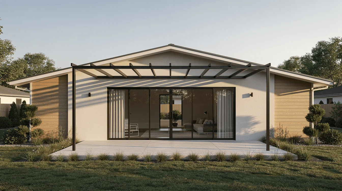 8467e499-c51c-4374-8879-0d11e02485de - Ranch Style Homes USA The image depicts the rear elevation of a mid-century ranch house featuring slim black sliding glass doors that open onto a patio, complemented by a simple pergola. This design enhances the flow between indoor and outdoor spaces, allowing for natural light and wide open views of the backyard.