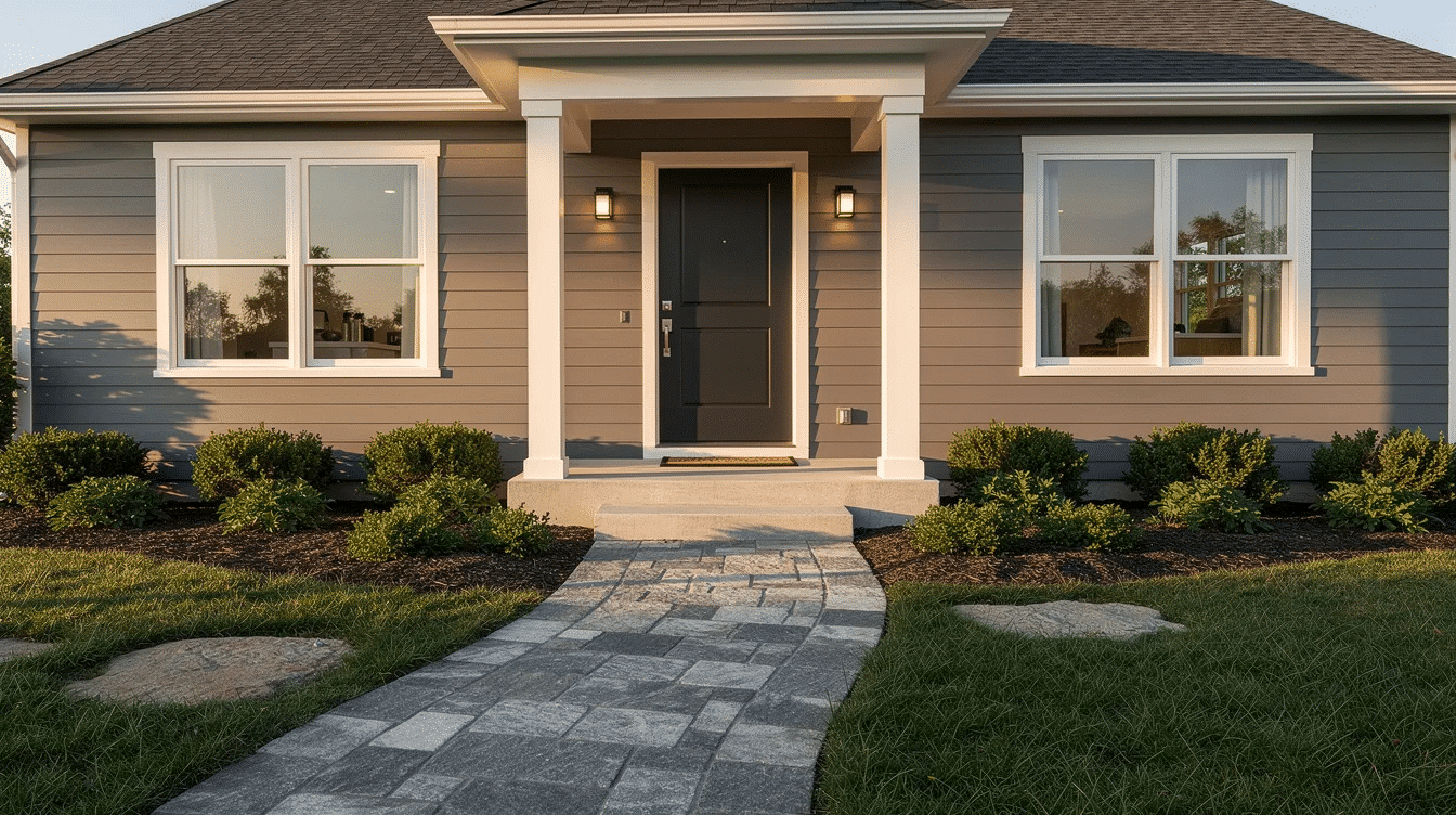 8a6e1529-e7fb-4540-be9e-07636a334ba1 - Ranch Style Homes USA The image features a ranch style home with a dark front door and white trim, complemented by cool gray siding. A stone walkway leads to the entrance, enhancing the curb appeal with its subtle color contrast and two tone color scheme.