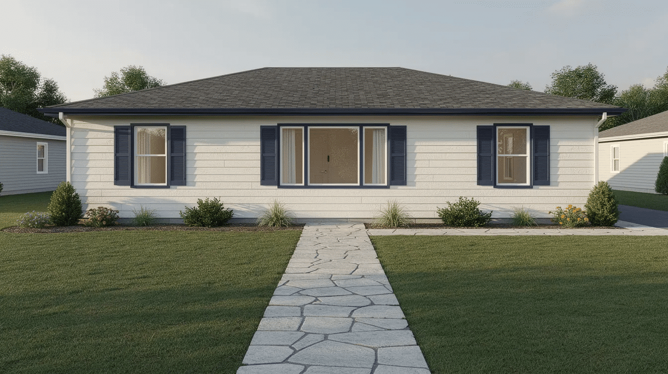 9289ed45-4147-4b2b-a821-18576d94a72d - Ranch Style Homes USA The image features a ranch style home with navy blue window trim and pale siding, complemented by a stone walkway and simple landscaping. This elegant exterior showcases a harmonious color scheme, enhancing the home's curb appeal and blending beautifully with the natural surroundings.