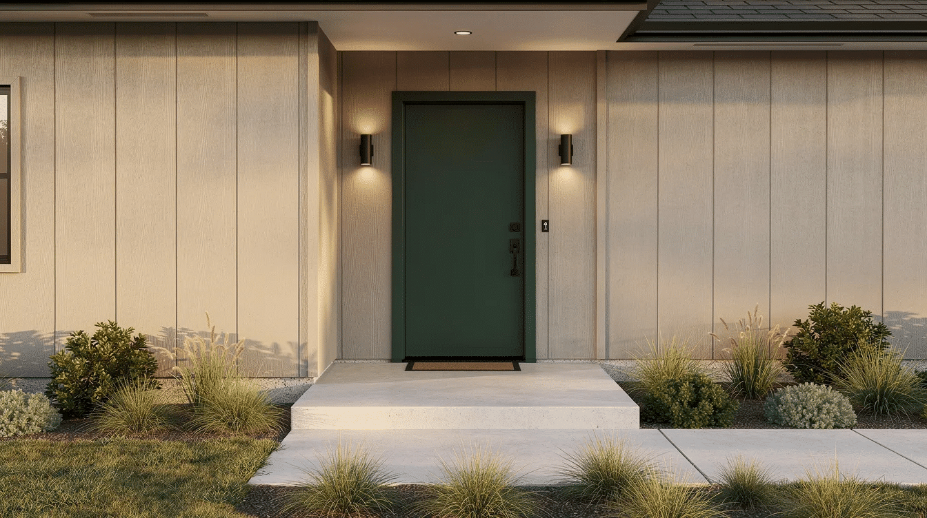 9936df67-2d76-474d-827b-521b6d80522e - Ranch Style Homes USA The image features a modern ranch entry showcasing a forest green front door with clean lines and minimalist hardware, complemented by simple sconces on either side. The low landscaping enhances the curb appeal of this ranch style home, creating a welcoming entrance that blends contemporary design with natural elements.