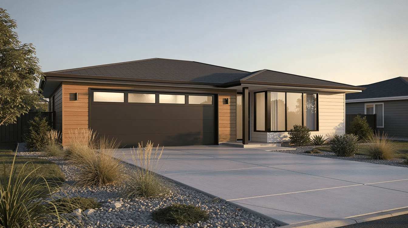 9e604857-199b-4064-9718-af06e271a99f - Ranch Style Homes USA The image features a modern ranch home showcasing a sleek charcoal flush garage door, complemented by narrow horizontal windows that enhance the home's exterior. This design emphasizes clean lines and contemporary style, contributing to the overall curb appeal of the ranch-style residence.