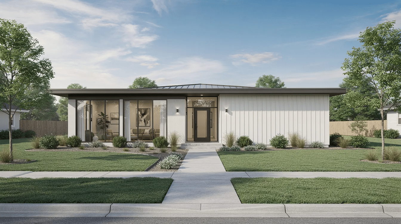 9e7f5710-293c-43dd-b6ef-6ae31a1d3fe3 - Ranch Style Homes USA The image depicts a single-story ranch house featuring a low roofline and large windows, accented with contrasting trim colors, including crisp white and muted green hues. The landscaped front yard enhances the home's curb appeal, showcasing a blend of natural wood accents and elegant architectural details that create a sophisticated appearance.