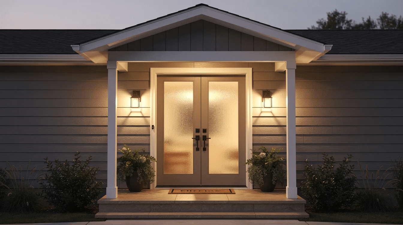 a0f13078-ff7b-40c4-9e87-47088fe8c387 - Ranch Style Homes USA The image features a welcoming ranch entryway with elegant double French doors made of knotty alder, showcasing frosted glass panels that allow soft, natural light to filter through. Warm porch lighting enhances the inviting atmosphere, creating a grand entrance that adds to the home's curb appeal.