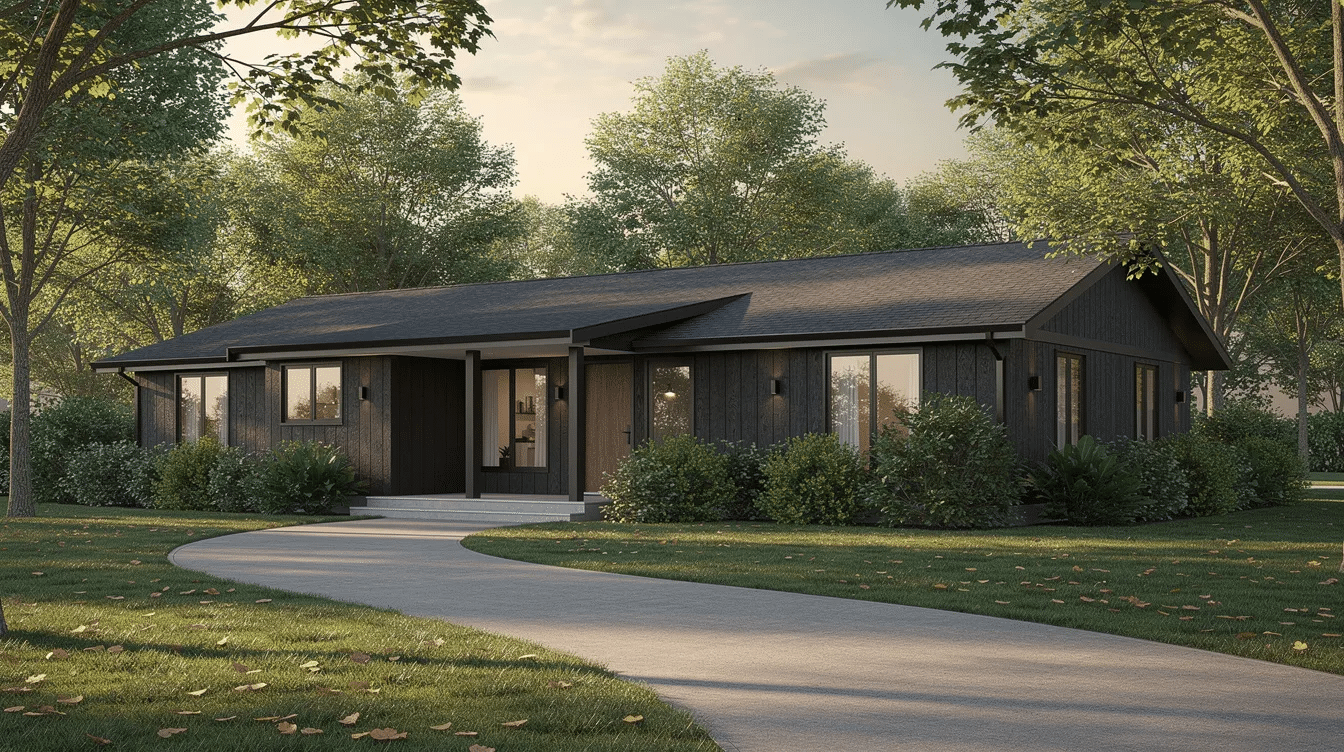 a269a9d3-a940-4356-af76-09a08e0e38c9 - Ranch Style Homes USA A charcoal ranch house with white trim stands prominently amidst a lush landscape of mature trees and shrubs, showcasing a striking contrast in color combinations that enhance its curb appeal. The modern exterior paint colors create a gorgeous and inviting atmosphere, making this home a standout in the neighborhood.