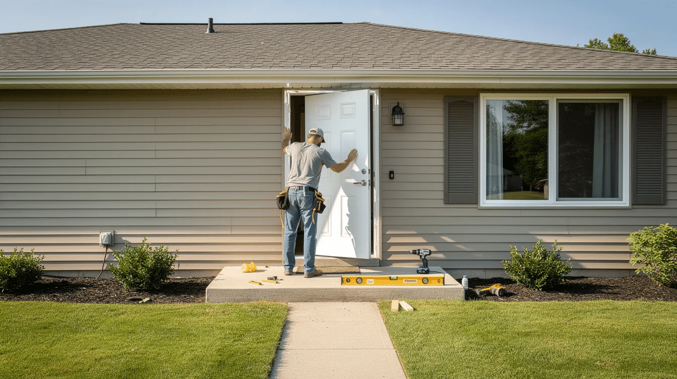 a29c918f-1f13-40b1-84e7-60563af9e175 - Ranch Style Homes USA An installer is fitting a simple fiberglass entry door on a one-story ranch house, showcasing the door's clean lines and modern style. This new front door features glass panels that allow natural light to flood the entryway, enhancing the home's curb appeal and security.