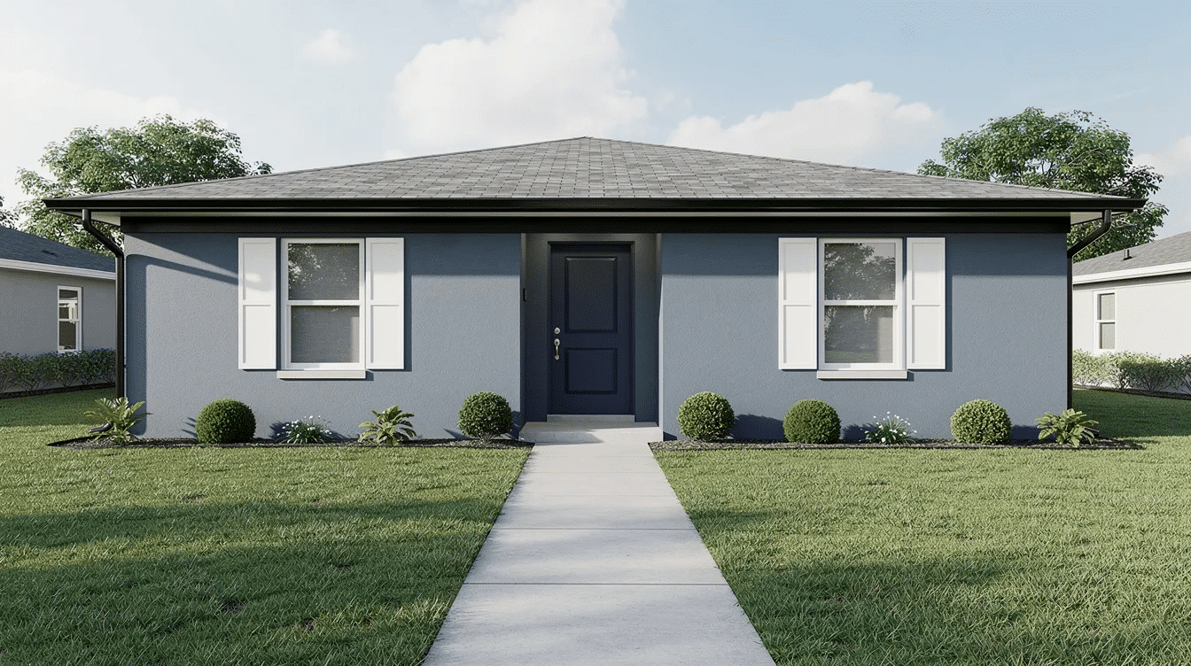 a32dd41f-9678-4be8-ba7b-5f95da4a0ce3 - Ranch Style Homes USA This image features a blue gray ranch house with light gray siding, a navy front door, and white shutters, complemented by black trim accents. The simple landscaping enhances the home's curb appeal, showcasing a timeless color scheme that combines cool grays with inviting elements.