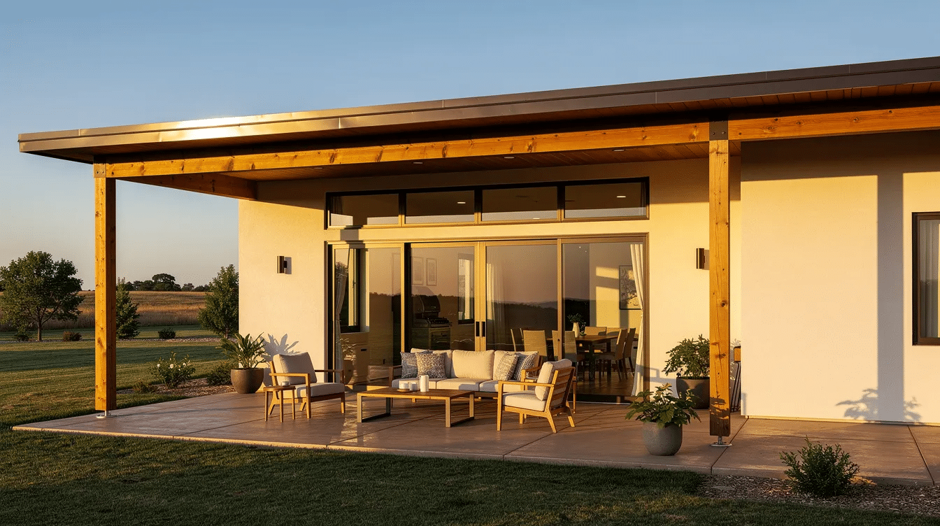 a41396bf-4b18-4b06-92f7-a4f38621f9c4 - Ranch Style Homes USA The image depicts a ranch style home patio featuring sliding doors and fixed transom windows, allowing for abundant natural light. The shaded outdoor space is adorned with wood beams, creating a cozy and inviting atmosphere for relaxation.