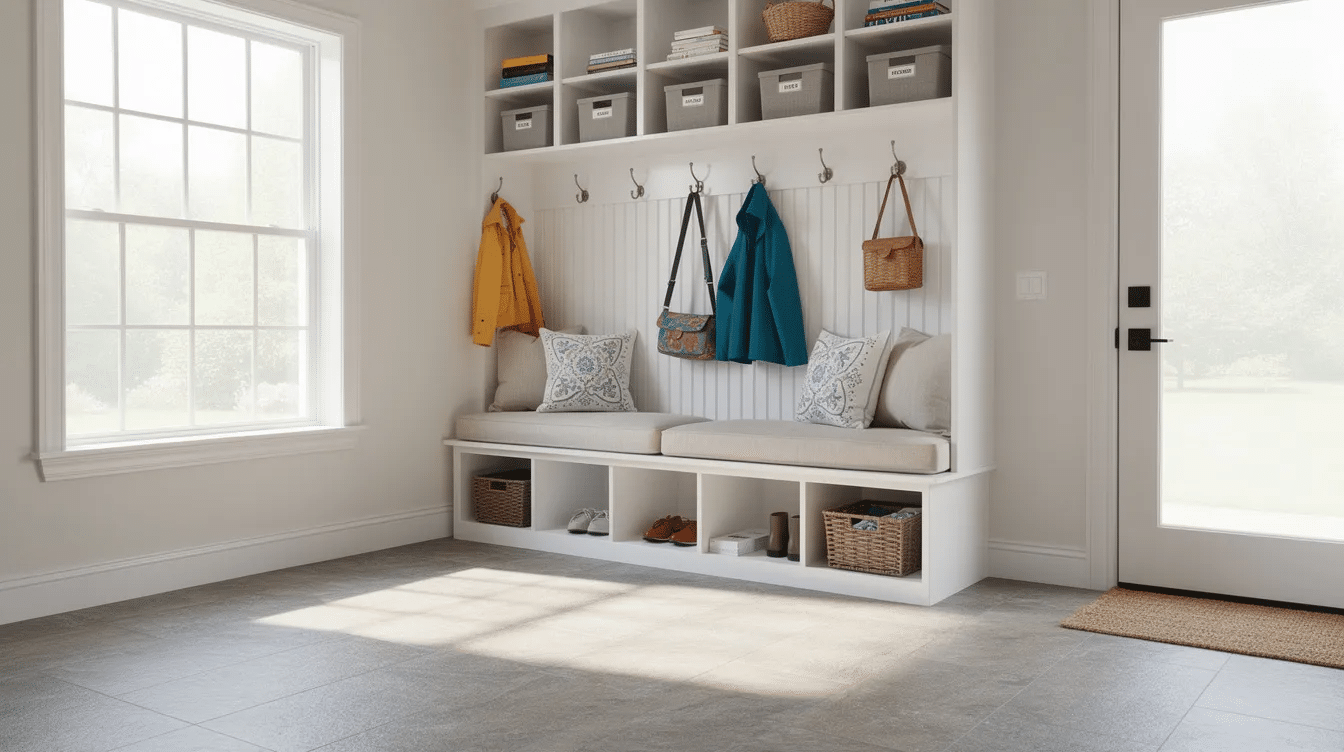 a6832ca0-5a07-42f9-a69a-9a79b036c2bf - Ranch Style Homes USA The image features a bright mudroom designed with a comfortable bench, cubbies for storage, waterproof flooring, and coat hooks, creating an inviting entry space for a home. This functional room seamlessly transitions from the back door, providing a practical solution for organizing outdoor gear and keeping the house clean.