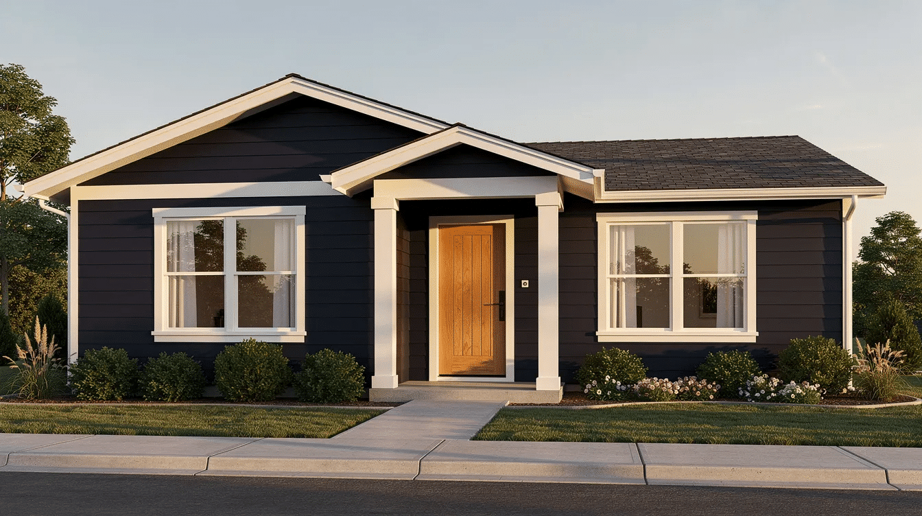 a923640f-c7fc-4716-8b70-dcafa9fd407d - Ranch Style Homes USA The image features a dark navy ranch house with striking white trim and a warm wood front door, enhancing its curb appeal. The modern color combination creates a gorgeous exterior that stands out in its surrounding landscape.
