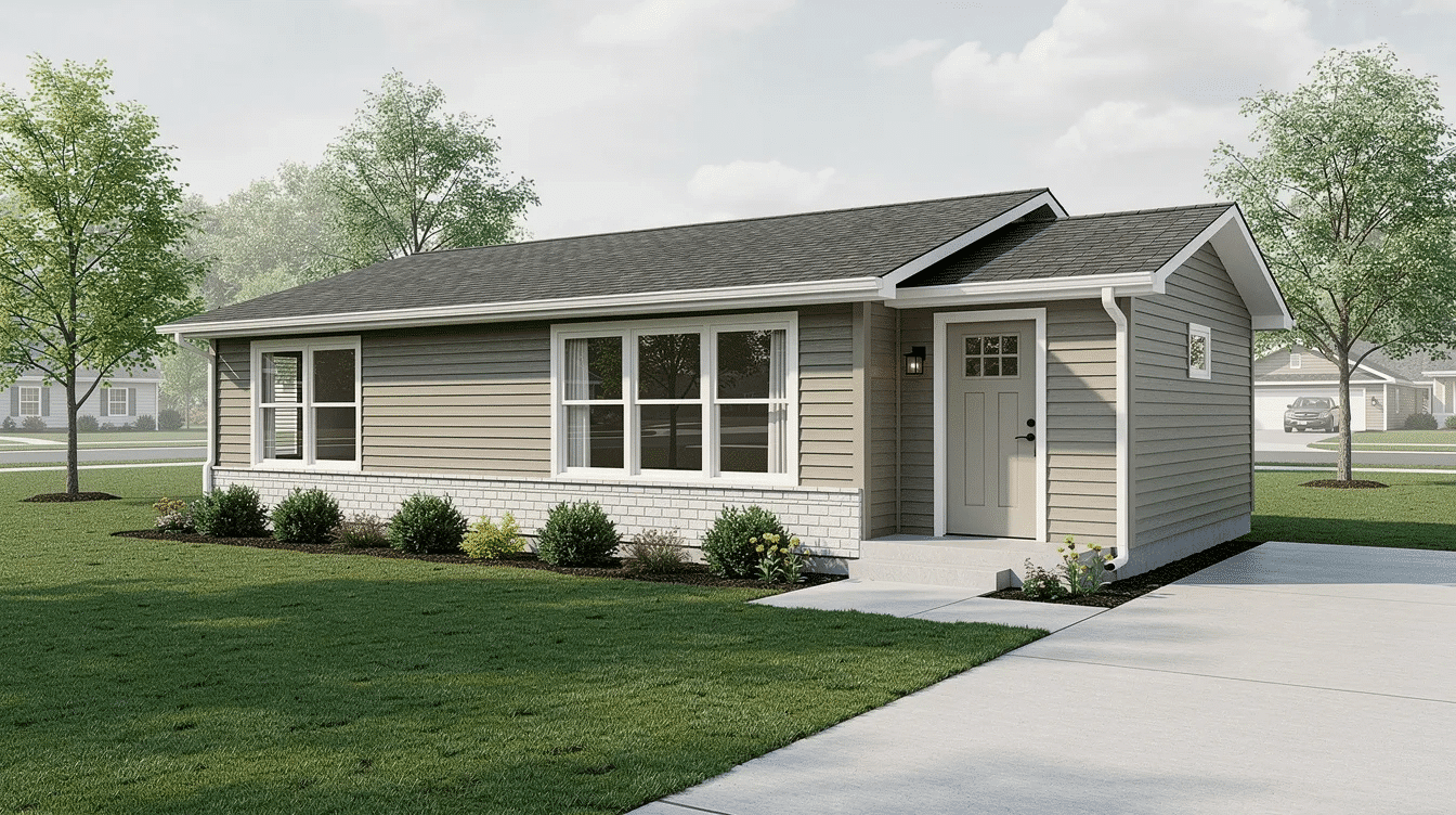 ac462b5d-3381-4f9e-9cb4-0e760ac941ab - Ranch Style Homes USA The image depicts a ranch-style home featuring a small side entry mudroom addition, designed to provide a seamless transition from the outdoors. Simple landscaping enhances the exterior, creating a welcoming atmosphere at the front door and side door of the house.