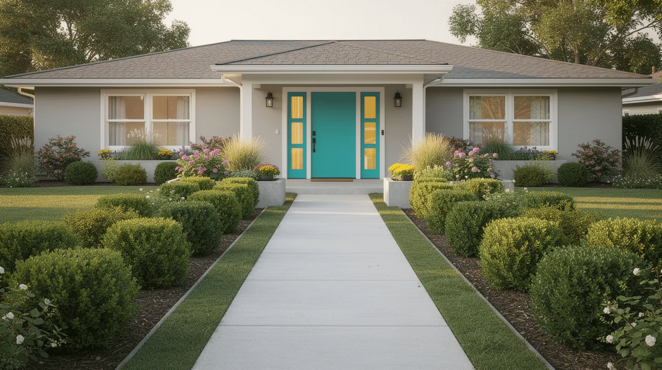 b8484778-32be-4152-a8b0-9bbe1b3f0308 - Ranch Style Homes USA The image features a ranch-style home entrance with a vibrant front door, flanked by double staggered hedges and tiered planters that add visual interest. This functional space invites guests into the cozy atmosphere of the property, enhancing the overall facade with its colorful details.