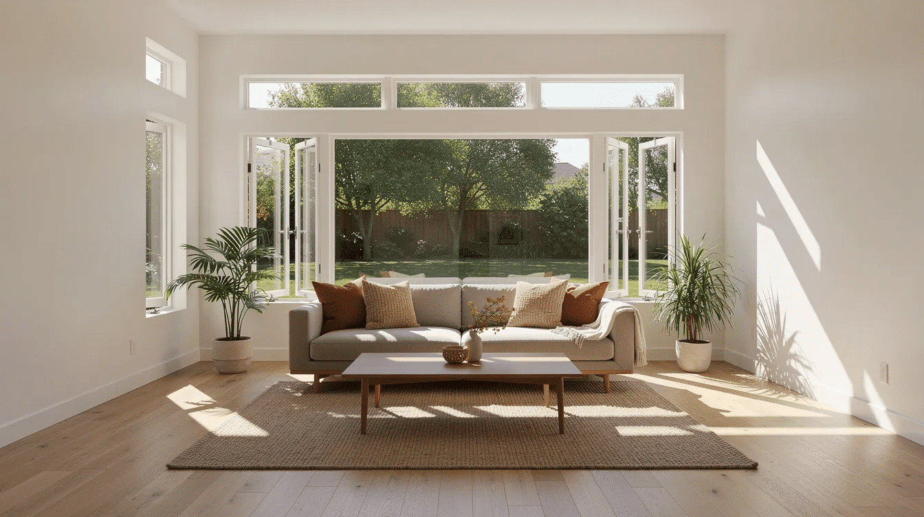 bb1a1a2a-3800-49f0-9a69-fa61cba108ee - Ranch Style Homes USA The image features a bright ranch style living room with a large picture window and casement windows, allowing natural light to fill the space. The room also includes a slim transom band above the windows, enhancing the interior's airy feel and showcasing the home's open floor plan.