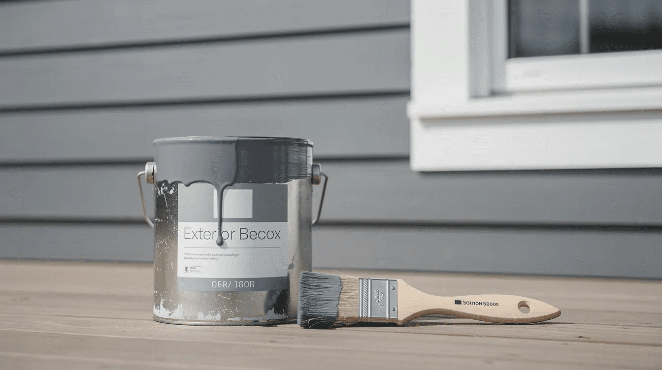 bf7d97d7-2f64-4110-9ca2-d26200b3d8b7 - Ranch Style Homes USA A paint brush and a can of exterior paint sit beside a house featuring gray siding and white trim, showcasing a subtle color contrast that enhances the curb appeal of this ranch style home. This two-tone color scheme exemplifies a modern approach to house colors, providing inspiration for fresh exterior paint choices.