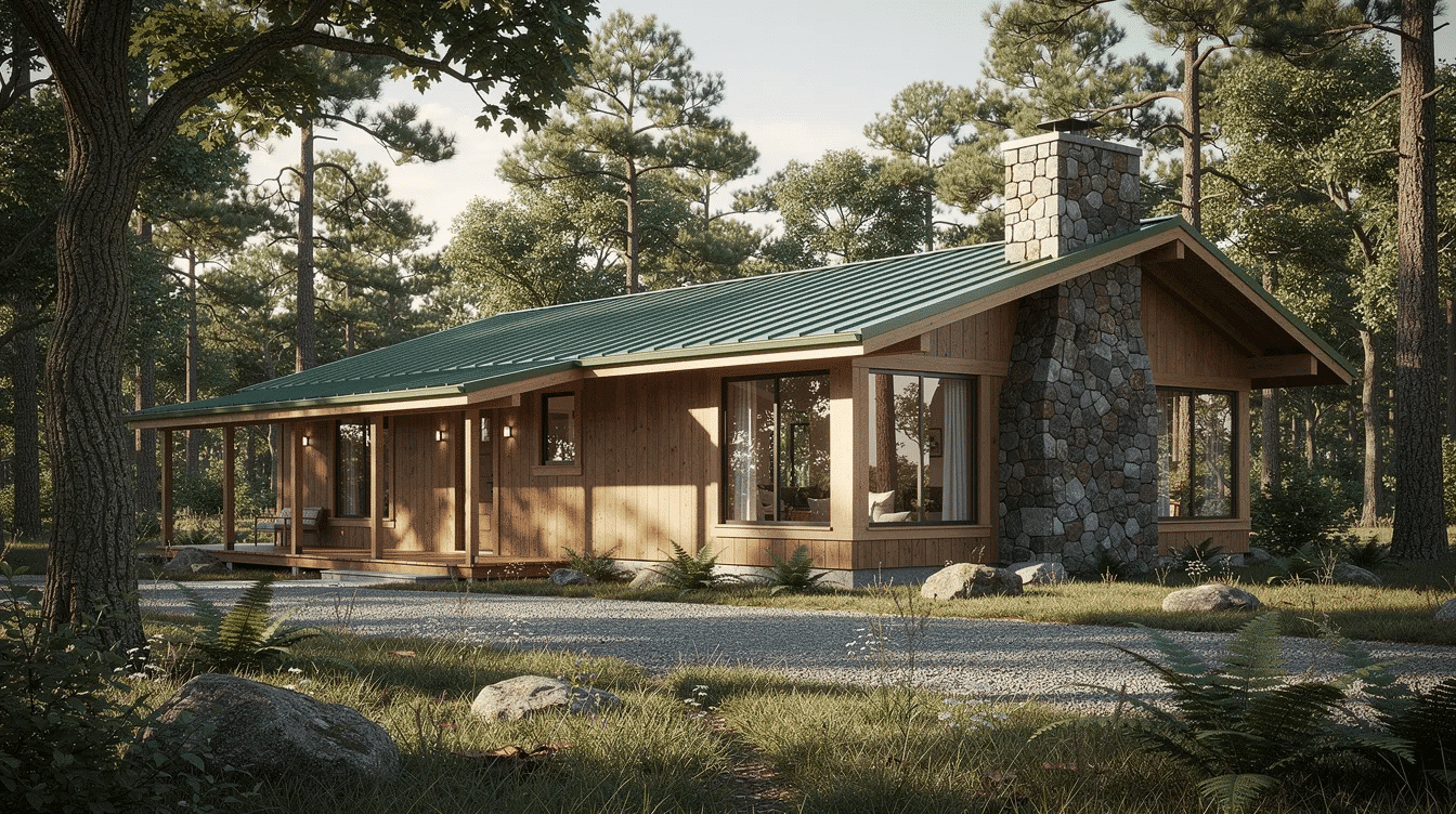 d2803fab-5699-41c2-8b9b-cab856ba291f - Ranch Style Homes USA The image features a wooded ranch home with a striking green roof, complemented by a natural stone chimney, enhancing its curb appeal. The house showcases light gray siding with white trim, set against a backdrop of natural surroundings, exemplifying a timeless ranch style.