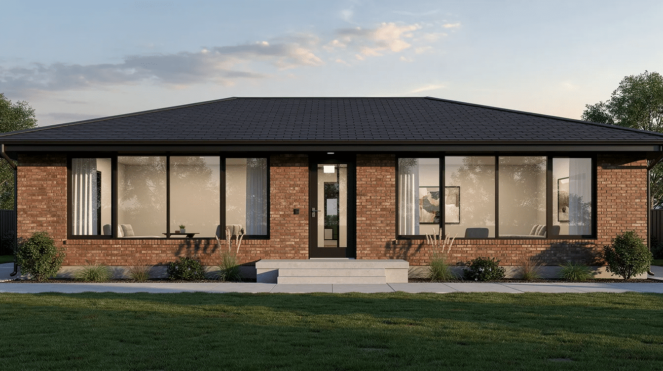 d7d11ec4-da27-49b7-82a7-bbdd98d9ea61 - Ranch Style Homes USA The image depicts a single-story brick ranch home featuring wide black-framed windows that allow abundant natural light to fill the living spaces, complemented by a low roofline that enhances its modern ranch style. The home's exterior showcases a timeless appeal with its clean lines and large windows, offering expansive views of the outdoors.