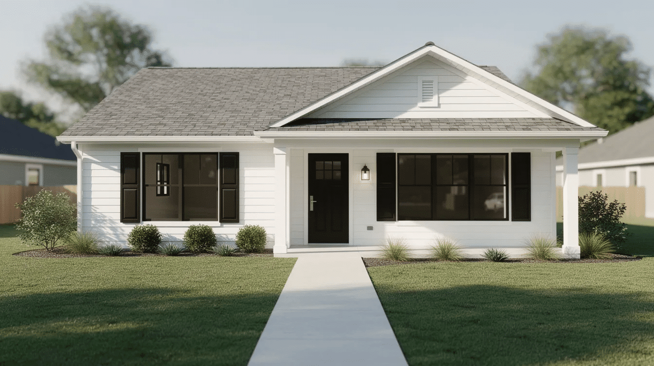 de88803a-c19f-4dfb-ae27-8baaf45b8bbd - Ranch Style Homes USA The image depicts a single-story ranch house featuring a dark gray roof, white trim, and black accents, set against a backdrop of natural surroundings. The home's exterior showcases light gray siding, creating a sharp contrast that enhances its curb appeal and timeless appeal.