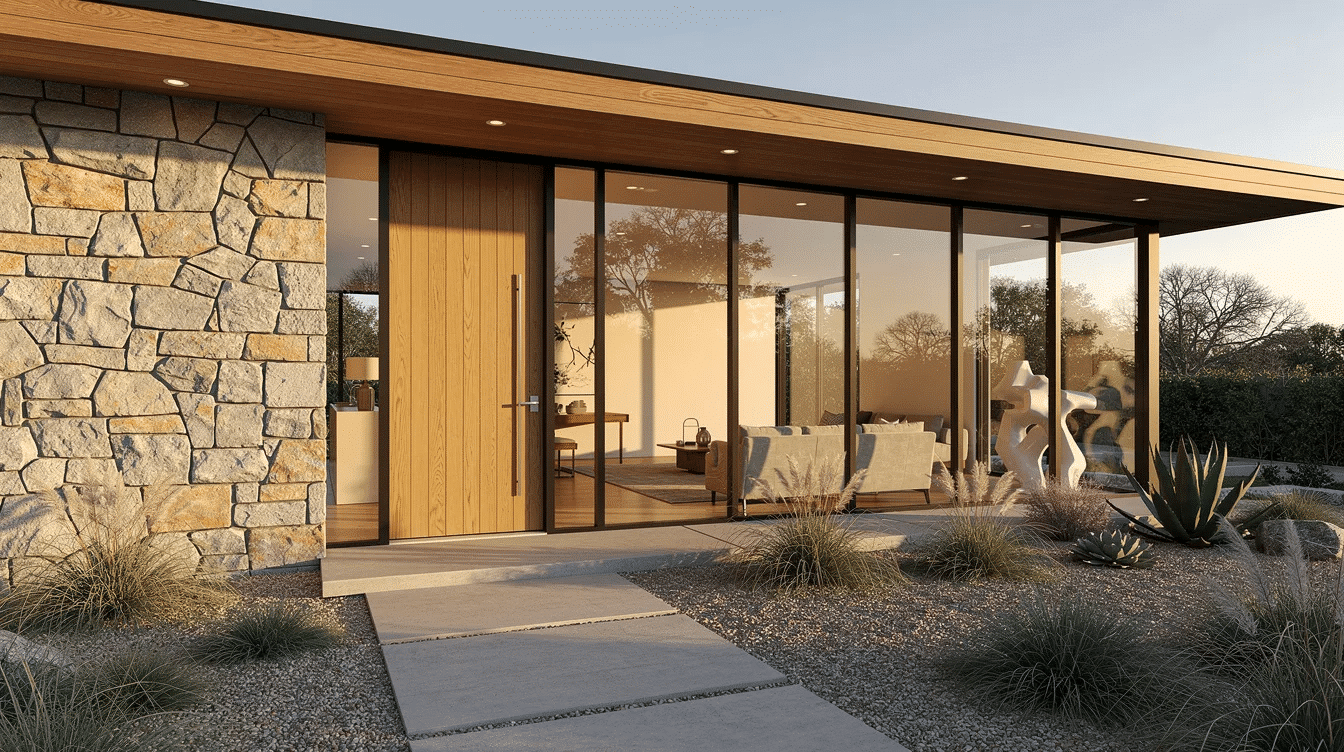 e36a450a-9c43-4826-8663-aeb3c34fa6b5 - Ranch Style Homes USA The image showcases a mid-century ranch entryway featuring a striking stone wall and large glass panes that invite natural light into the functional space. With natural wood accents and a cozy coat closet, this entrance reflects the elegance and warmth of a contemporary ranch style home.