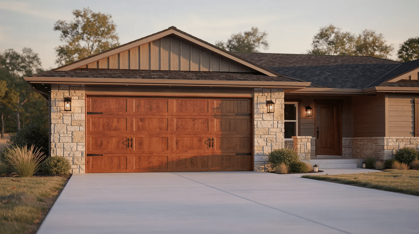 e48f565b-9745-4870-a507-53ac56f962d9 - Ranch Style Homes USA This image features a rustic ranch house adorned with a warm walnut wood-look garage door, complemented by stone accents that enhance the home's curb appeal. The combination of natural wood and clean lines creates a timeless exterior, typical of traditional ranch style homes.
