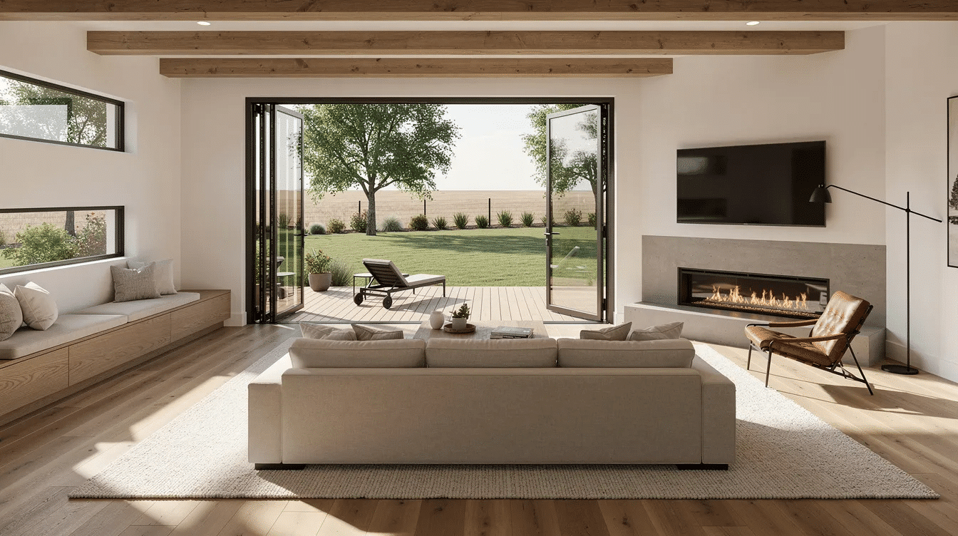 e75a6846-8661-4563-ba48-1c9f59e08928 - Ranch Style Homes USA The image depicts a modern ranch living room featuring large sliding doors that open seamlessly to a deck and yard, allowing an abundance of natural light to fill the space. The room showcases sleek, horizontal lines and expansive glass windows, typical of ranch style homes, creating a bright and inviting atmosphere.