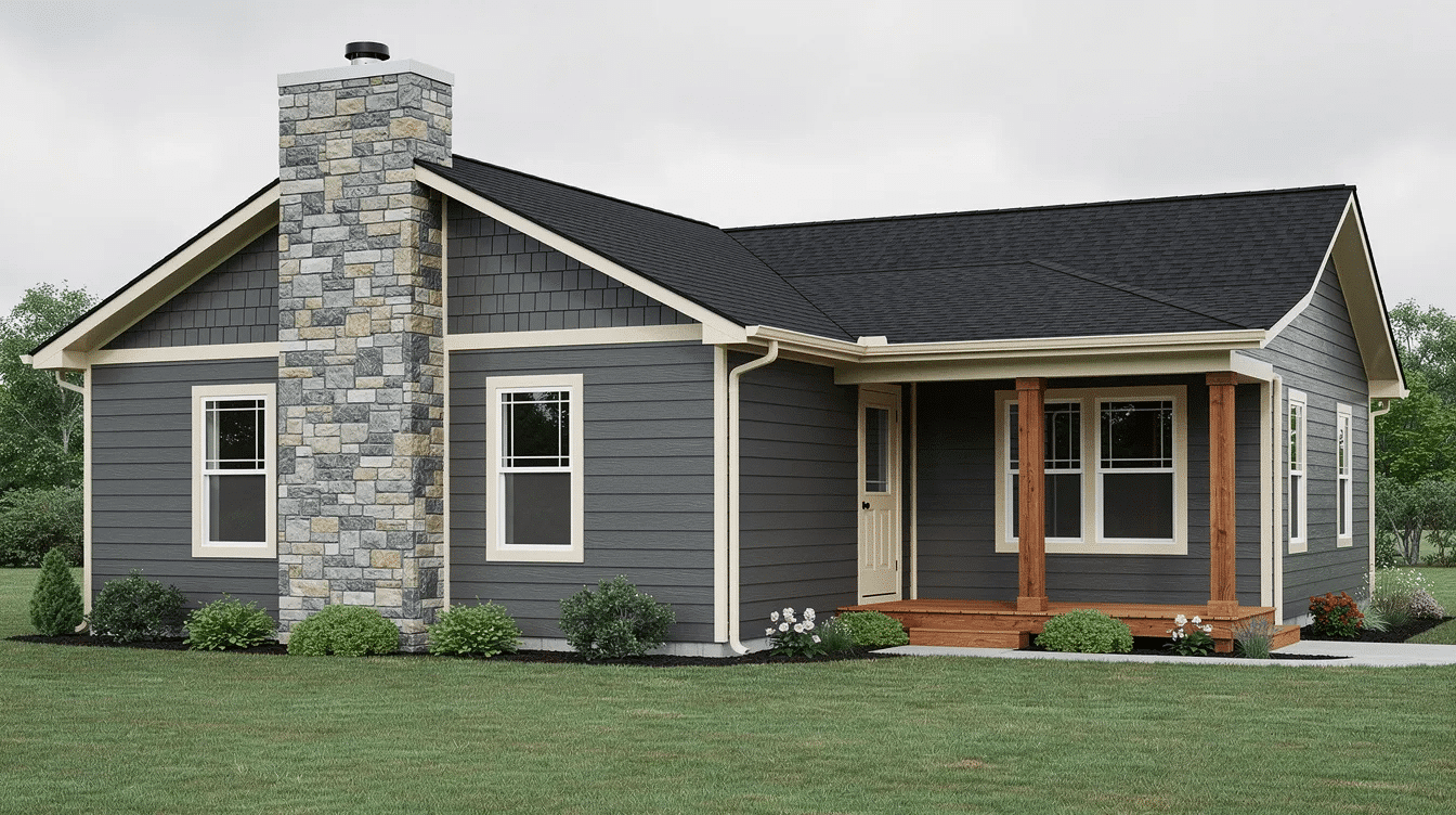 eea765c9-84a4-40b2-9f51-ff18ff21932e - Ranch Style Homes USA The image features a ranch-style home with medium dark gray siding, complemented by a natural stone chimney and wood porch posts, all accented with cream trim. This gray exterior showcases a timeless appeal, creating a welcoming feel against the surrounding landscape.