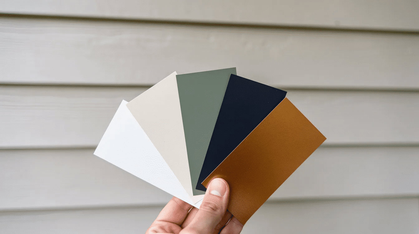 f2f82848-4353-4f69-9f15-564a03c9f154 - Ranch Style Homes USA A collection of paint swatches in white, cream, charcoal, sage, navy, and bronze is held against the siding of a ranch style home, showcasing various exterior paint colors that could enhance the house's curb appeal. The swatches provide a versatile choice for trim color ideas, blending beautifully with the natural wood accents and the surrounding landscape.