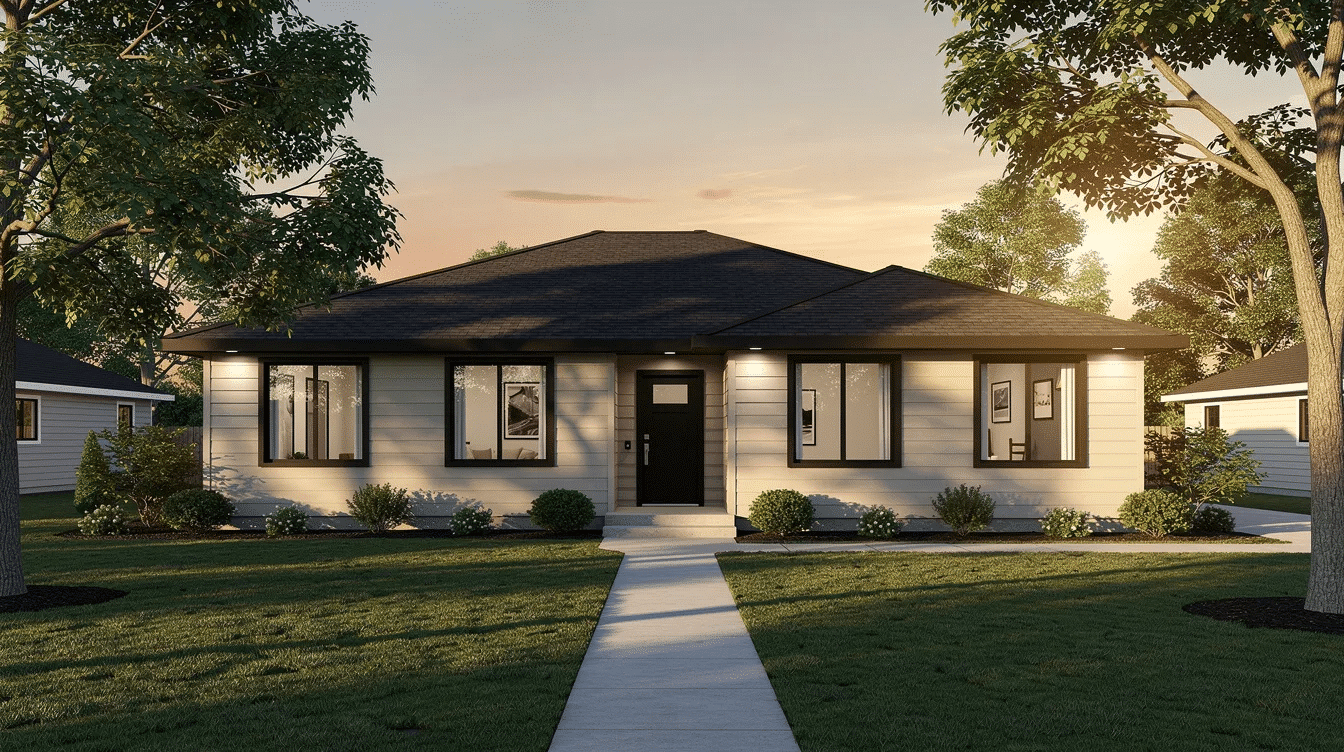 f7a4c02a-53d8-4a48-8918-7e3790a38739 - Ranch Style Homes USA The image depicts the exterior of a low ranch style home featuring neutral siding with tan trim and bold black accents, surrounded by trees and illuminated by warm evening light. This color combination enhances the curb appeal and showcases the classic features of ranch houses, creating a sophisticated look with less color contrast.