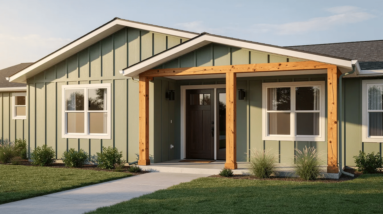 f7cc59a5-8952-4162-b389-8482d38eed6d - Ranch Style Homes USA The image features a sage green board and batten ranch house exterior, showcasing cream trim and dark stained wood accents, including a front door and cedar porch posts. This modern design combines timeless elements, offering inspiration for a stylish and inviting home exterior.