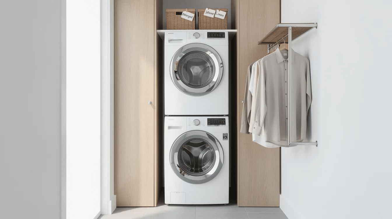 fb5ab7d8-8111-4d7e-9a54-5ad1daa04a30 - Ranch Style Homes USA The image depicts a compact laundry closet featuring a stacked washer and dryer, surrounded by laundry baskets and a hanging rack for drying clothes. This functional space showcases clever laundry room ideas, maximizing storage with shelves and cabinets, while maintaining a cozy farmhouse feel.