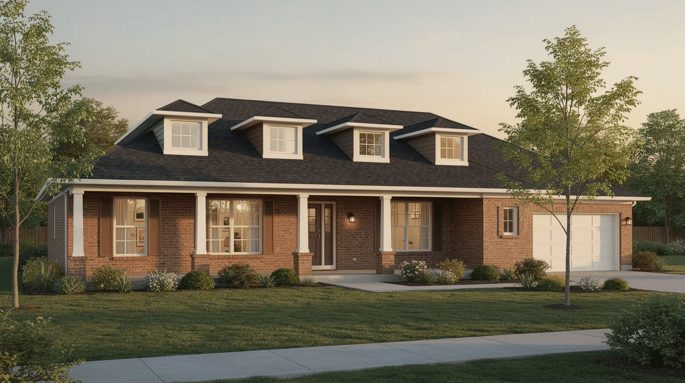 0271513d-587c-47de-b9c3-42cbd548bdb5 - Ranch Style Homes USA The image features a ranch style house with a subtle exterior roofline, complemented by dormer windows and brick siding. This inviting structure blends traditional architectural styles with modern elements, enhancing the home's footprint and creating a warm living space.