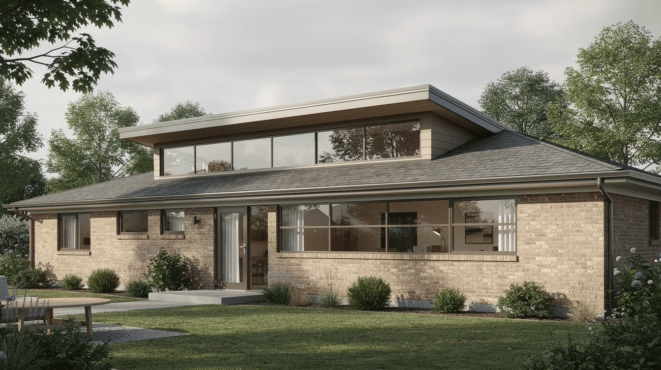034b822d-080b-48b2-ad17-12158c2036fe - Ranch Style Homes USA The image features a low brick ranch house with a rear shed dormer, enhancing the home's curb appeal. Large horizontal windows allow natural light to fill the living space, while the straight roofline and metal roof add to the overall visual appeal of this ranch style home.