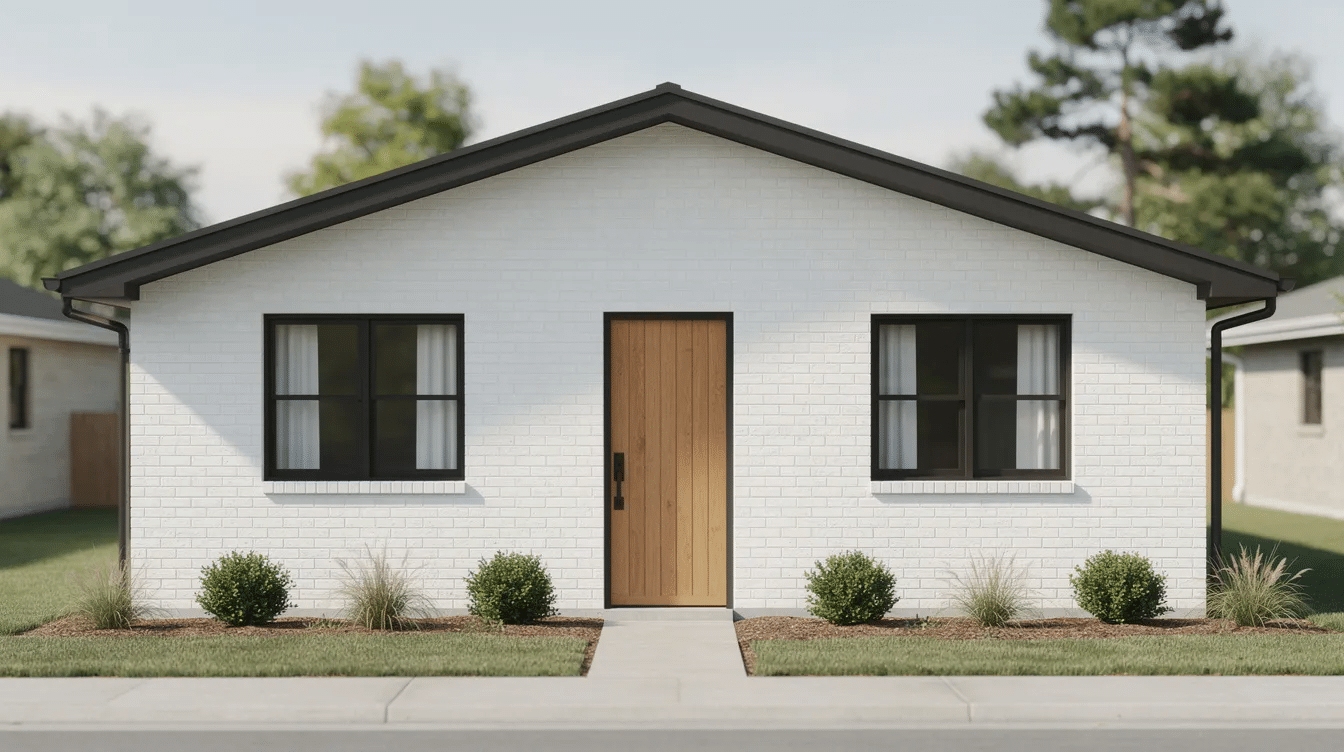 082ccdc9-10a6-45b6-b58f-92895c66d0ad - Ranch Style Homes USA The image features a painted brick ranch house showcasing a creamy off-white exterior with black trim and a wooden front door, complemented by simple landscaping that enhances the home's curb appeal. This modern brick home combines fresh paint colors to create a stunning and inviting atmosphere.