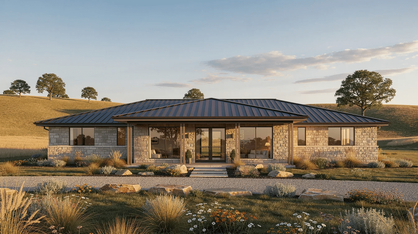 08f22313-379f-47f2-b4f3-7f035a30aa8c - Ranch Style Homes USA The image features a low ranch style home with a stone exterior and large picture windows, surrounded by native landscaping and wide open pasture. This modern ranch house showcases the simplicity and beauty of ranch style architecture in a serene outdoor setting.