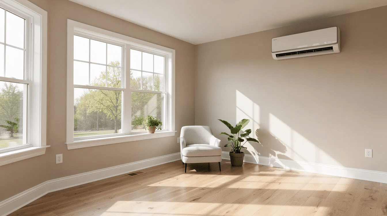 091106b0-5164-49d4-9268-bc3c7942951b - Ranch Style Homes USA The image shows a bright and finished sunroom in a ranch home, featuring a compact indoor air unit mounted high on the wall, which is part of a ductless mini split system. This setup provides efficient heating and cooling, allowing for energy savings and zoned comfort in the living space.