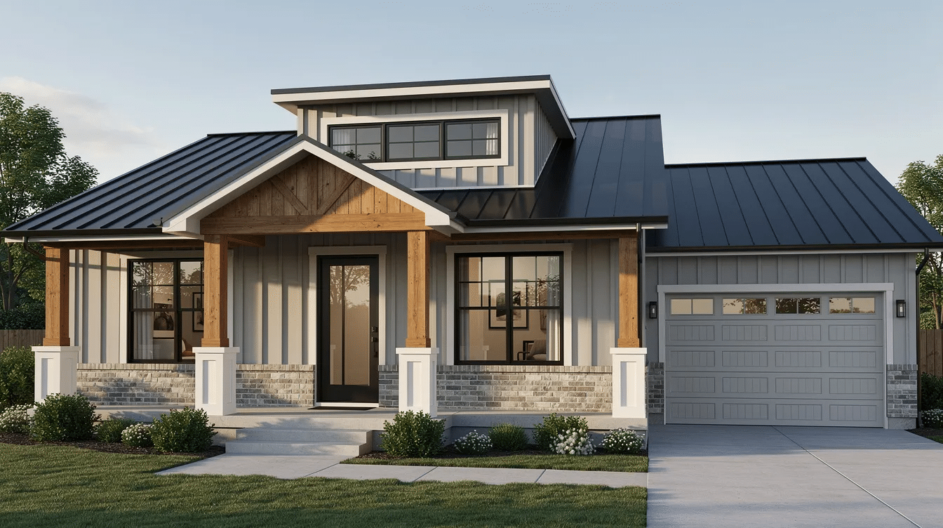 0c5ef8b9-740c-4a02-aa78-b8bff08e95c4 - Ranch Style Homes USA The image depicts a modernized ranch style home featuring a front shed dormer that enhances the natural light within the living space. The exterior showcases a gable entry with elegant porch columns, a straight roofline, and an attached garage, all contributing to the home's curb appeal.