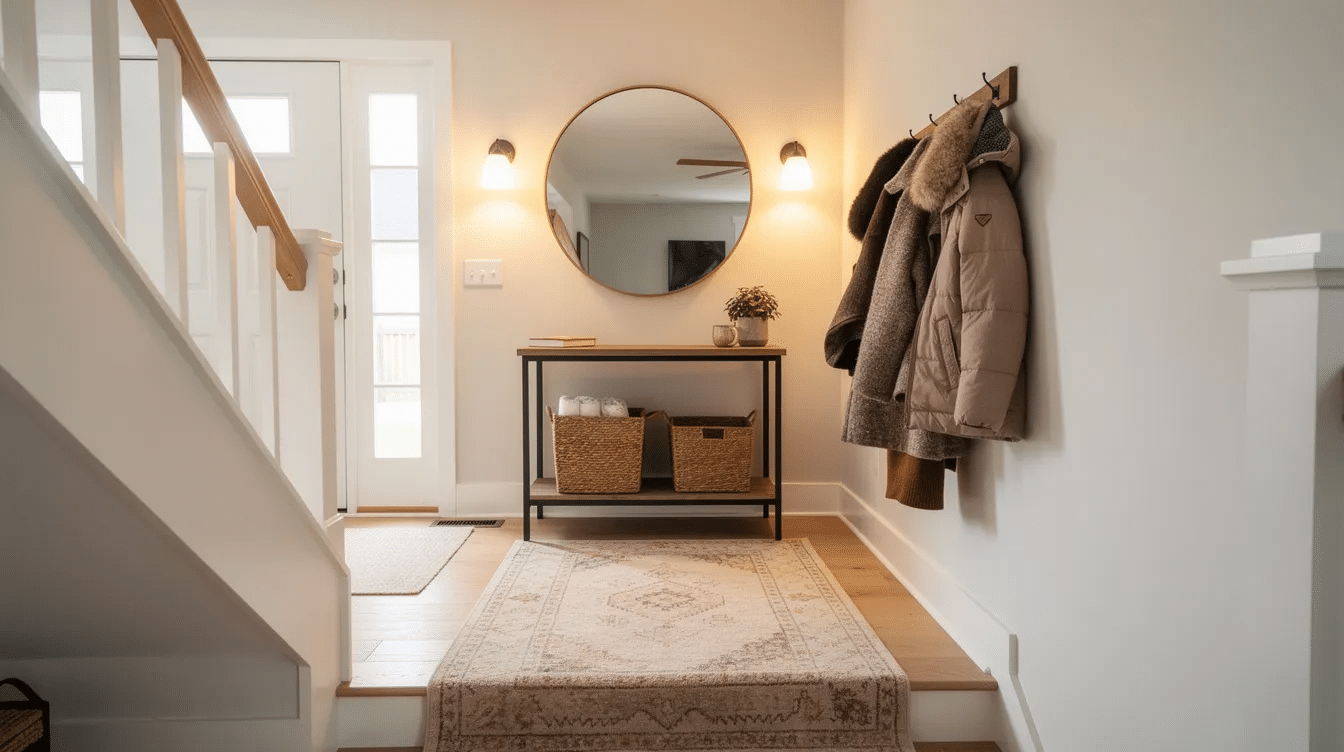 0fefed82-af72-4479-8410-30a46a7289d4 - Ranch Style Homes USA The image depicts a cozy raised ranch entry landing featuring a slim console table adorned with woven baskets, a patterned runner on the floor, and warm wall sconces illuminating a mirror. Winter coats hang neatly on hooks, creating an inviting atmosphere typical of ranch style homes.