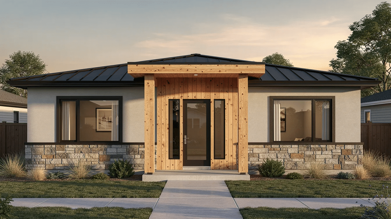 10715199-93e6-4b90-b562-7a1e0c0ee4ab - Ranch Style Homes USA The image features a modern stucco ranch house with a sleek black trim and a sturdy stone base, complemented by a warm cedar entry detail. This stylish exterior design enhances the home's curb appeal, showcasing a contemporary take on classic ranch style.