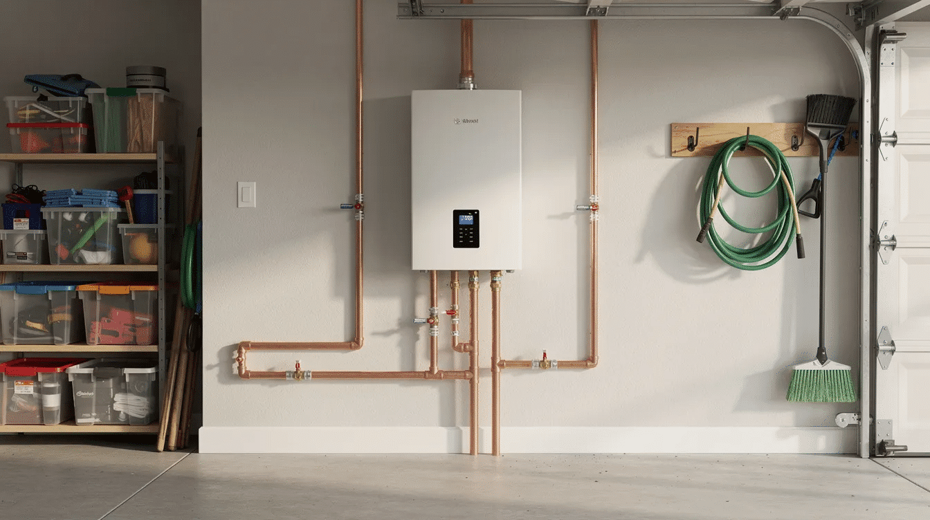 121330ed-7c13-462f-826a-dd45f7bd60d6 - Ranch Style Homes USA The image shows a wall-mounted tankless water heater installed in a tidy garage utility area, highlighting its compact design and energy efficiency. This gas unit provides instant hot water while saving valuable space and reducing energy costs compared to conventional water heaters.