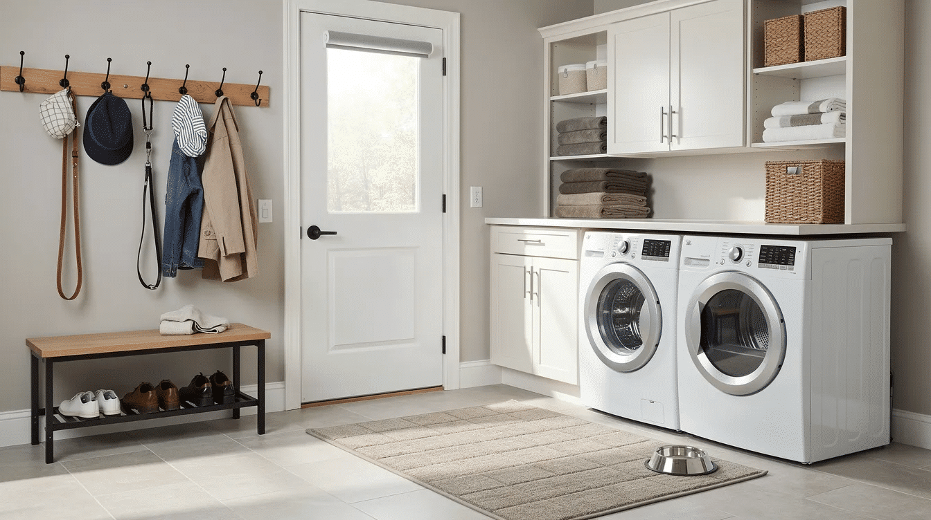 1340b021-3dc0-4c31-9493-aba74bdecffa - Ranch Style Homes USA The image depicts a cozy laundry mudroom featuring a washer and dryer, organized hooks for coats and bags, and a pet mat on the floor. This functional space showcases mudroom storage solutions, including shelves and baskets, ideal for keeping small spaces organized and stylish.