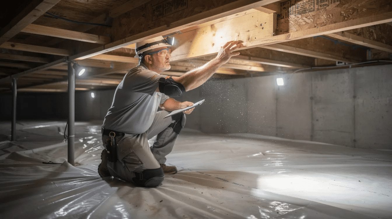 15ebc573-1828-4c71-a192-f00652aabb50 - Ranch Style Homes USA A worker is inspecting floor joists in a clean crawl space, ensuring proper ventilation and structural integrity for the house foundation types. This space, often associated with crawl space foundations, highlights the importance of regular maintenance to prevent foundation issues such as mold growth and moisture levels.