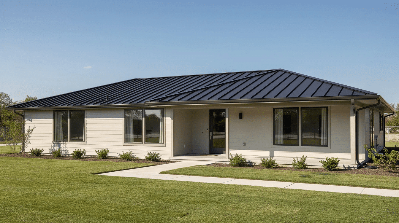 18b8b7ba-7bc3-442c-83cd-fad7766fb143 - Ranch Style Homes USA The image depicts a single-story ranch house featuring a clean dark metal roof with wide eaves, showcasing the durability and modern aesthetic of metal roofing materials. This type of roof, known for its energy efficiency and minimal maintenance, contrasts with traditional asphalt shingles, making it a popular choice among homeowners.