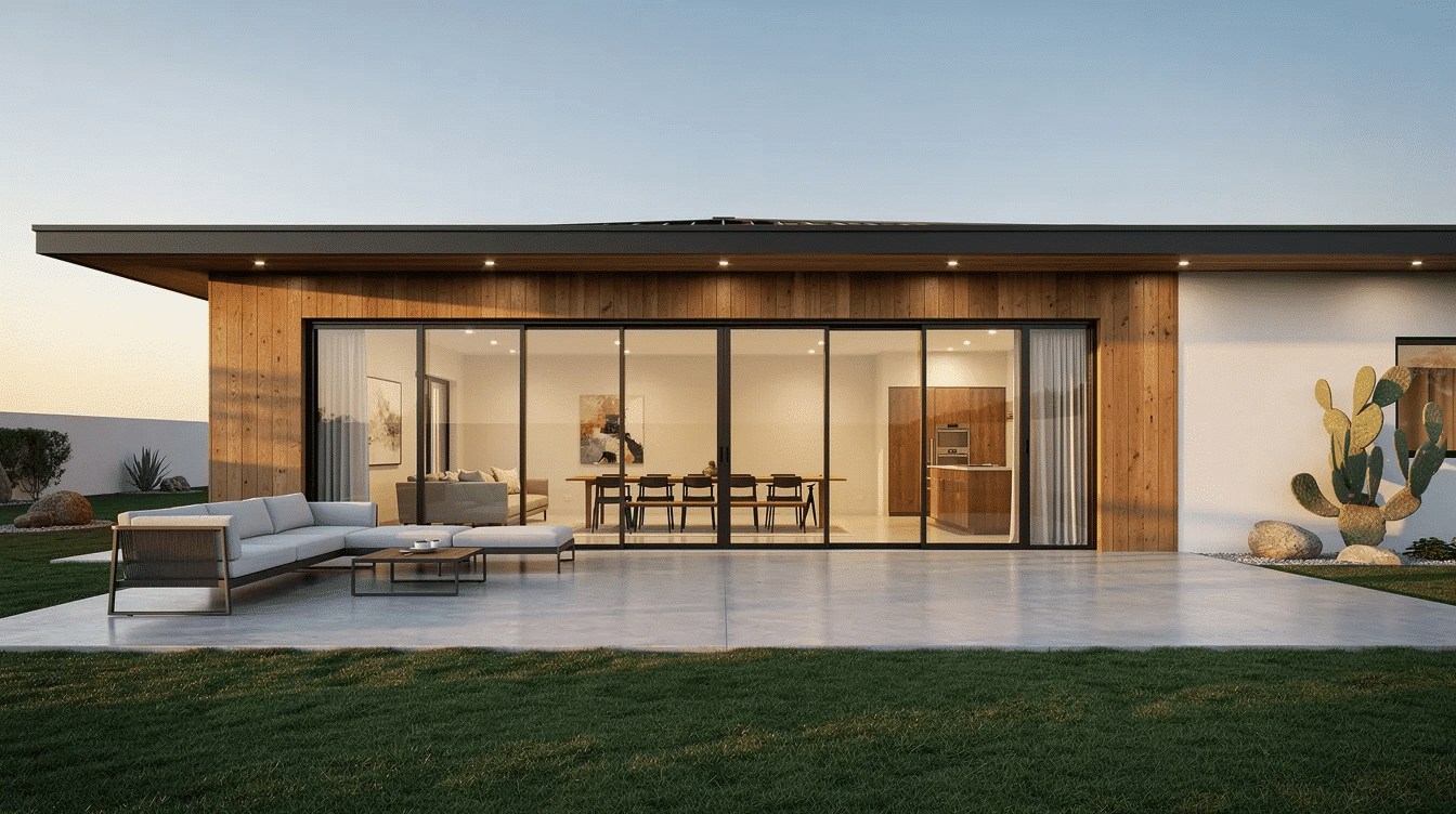 19b4de87-467f-4ed3-98f6-068f208f6bb1-1 - Ranch Style Homes USA This image depicts a modern ranch house featuring large sliding glass doors that seamlessly connect the indoor and outdoor spaces, characteristic of California ranch style architecture. The design emphasizes natural light and open floor plans, creating a welcoming atmosphere that enhances outdoor living.