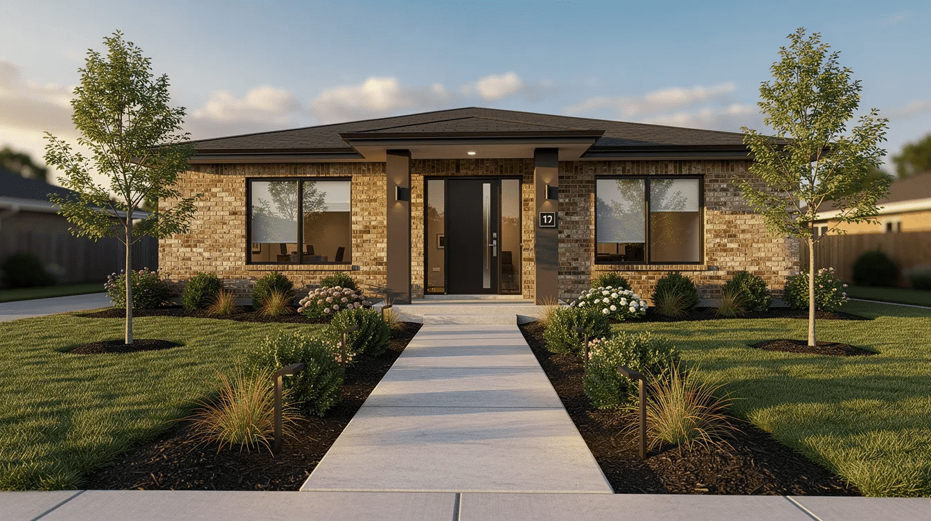 1e2db3a1-1554-4310-af4b-2db895a3d579 - Ranch Style Homes USA The image showcases a modern brick ranch house exterior, featuring freshly landscaped front yard with vibrant plants, a wide walkway leading to an inviting front door, and a stylish front porch. The updated design highlights the brick arches and large windows, creating massive curb appeal for this beautifully remodeled ranch style home.