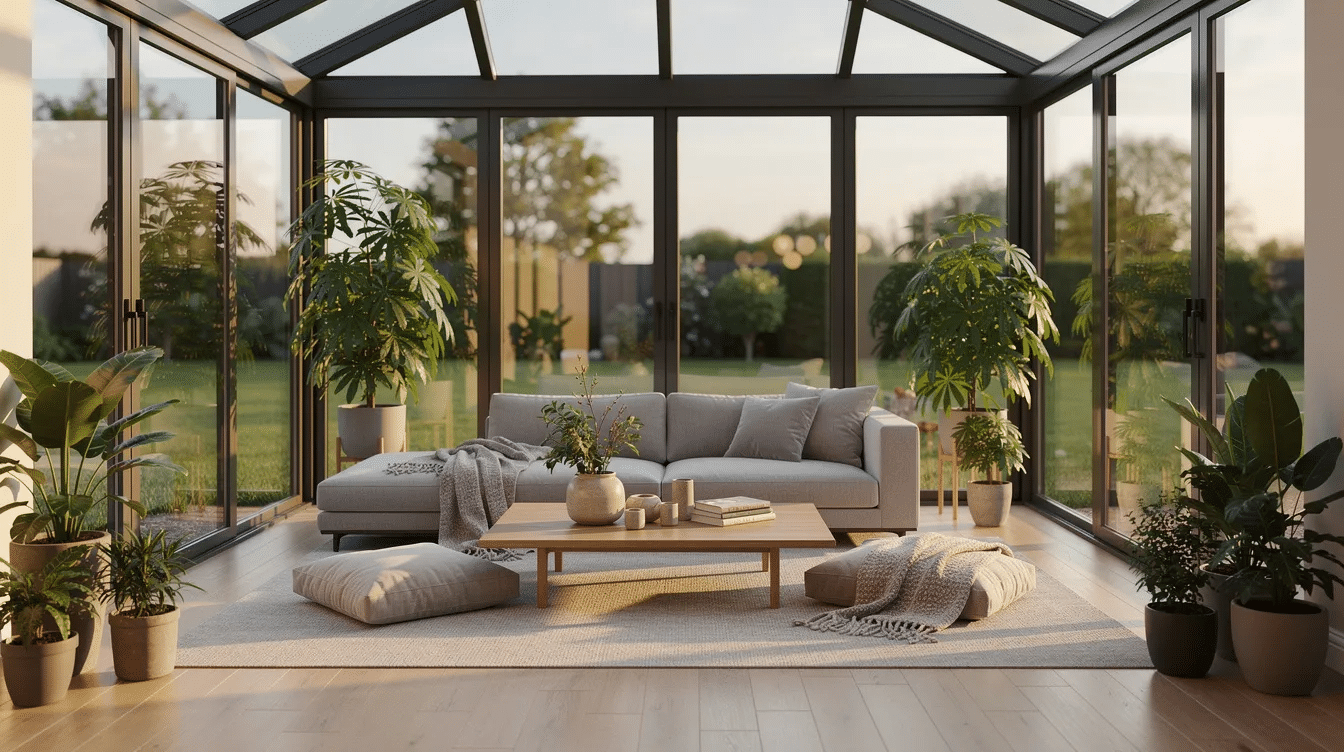 1e89d3fa-a53a-4fde-978e-5238b25d7db4 - Ranch Style Homes USA The image shows a finished sunroom featuring glass walls that allow natural light to flood in, adorned with various plants and low furniture, creating a cozy atmosphere. In the background, there is a scenic view of a backyard, enhancing the inviting feel of this ranch house sunroom addition.