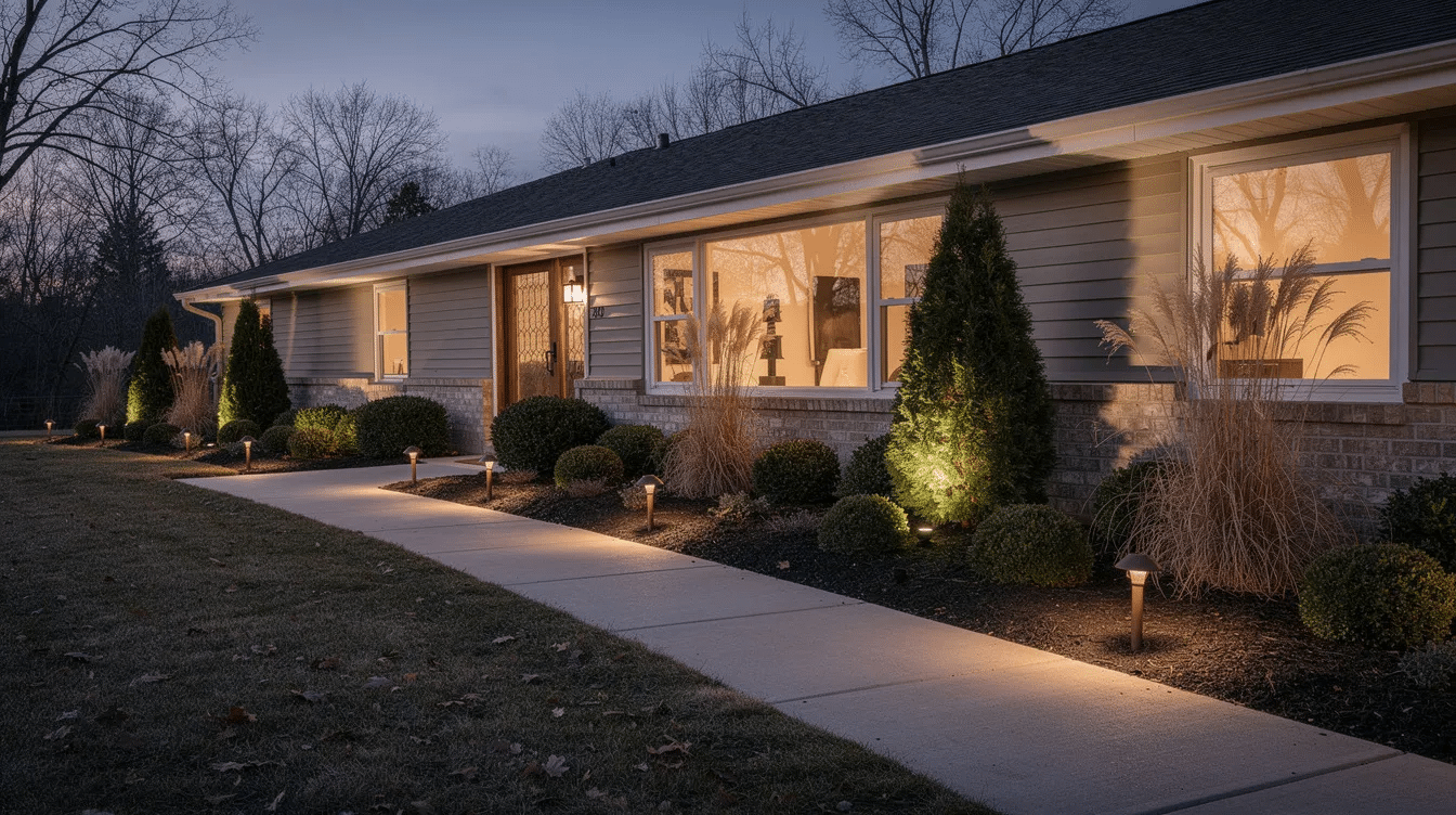 214c8fee-2574-49d7-9780-0b0b62803464-1 - Ranch Style Homes USA The image features foundation planting beds around a ranch house, showcasing evergreen shrubs and winter grasses, illuminated by soft outdoor lighting. This backyard landscaping approach enhances curb appeal while providing a low-maintenance solution for the home foundation, creating a visually pleasing environment.