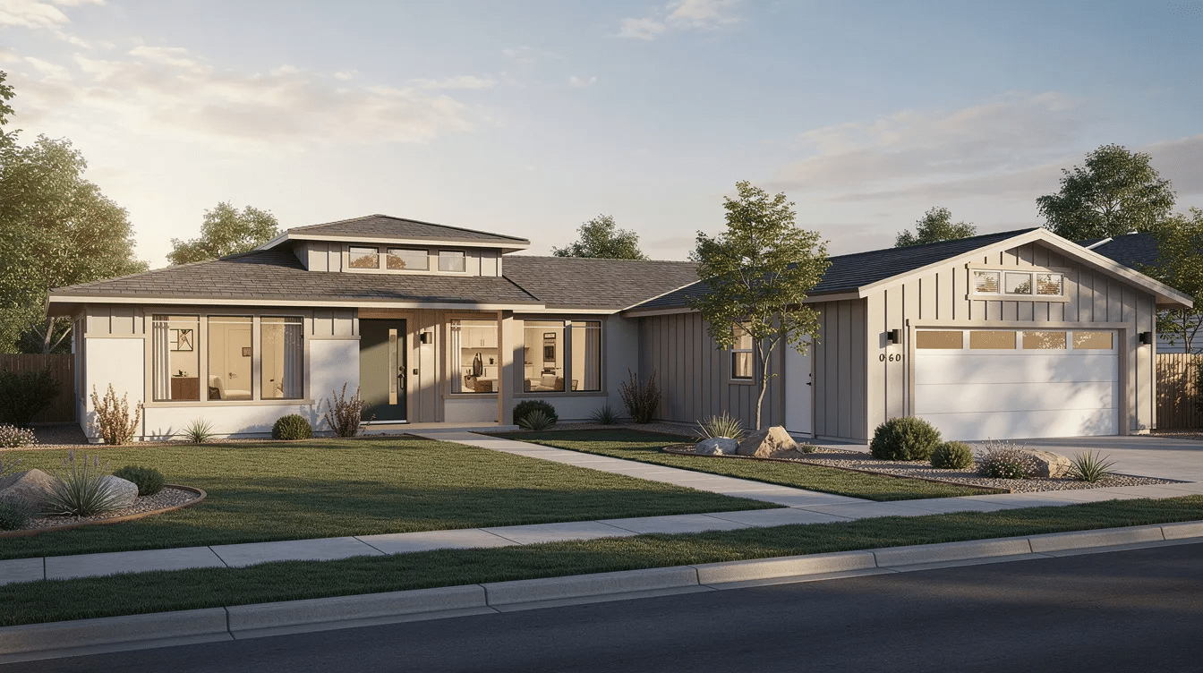 25356856-2b31-4e62-8985-c5b50df3b7bc - Ranch Style Homes USA This image depicts a ranch-style home designed for multigenerational living, featuring a separate apartment or casita that provides private access for family members. The layout includes individual spaces such as a bedroom, bathroom, and dining area, enhancing independence and flexibility for different generations under one roof.