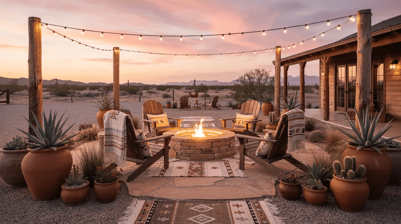 25aa7db3-6561-46f3-922c-cea61b099e49 - Ranch Style Homes USA The image depicts a cozy outdoor boho ranch patio featuring a warm fire pit surrounded by rustic Adirondack chairs. String lights hang above, illuminating clay pots filled with desert plants, creating a charming and inviting space perfect for relaxation and inspiration.
