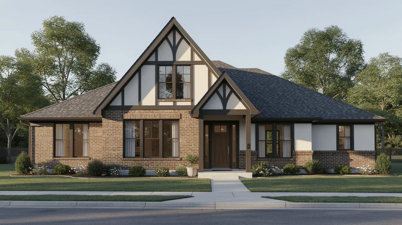 25d39a2d-8fda-455c-9c32-503c2161e82c - Ranch Style Homes USA The image features a Tudor ranch style home with a charming exterior composed of brick and stucco, accented by dark trim and a prominent front gable. Decorative half-timbering and chimney pots add to the architectural style, creating a warm and inviting living space.